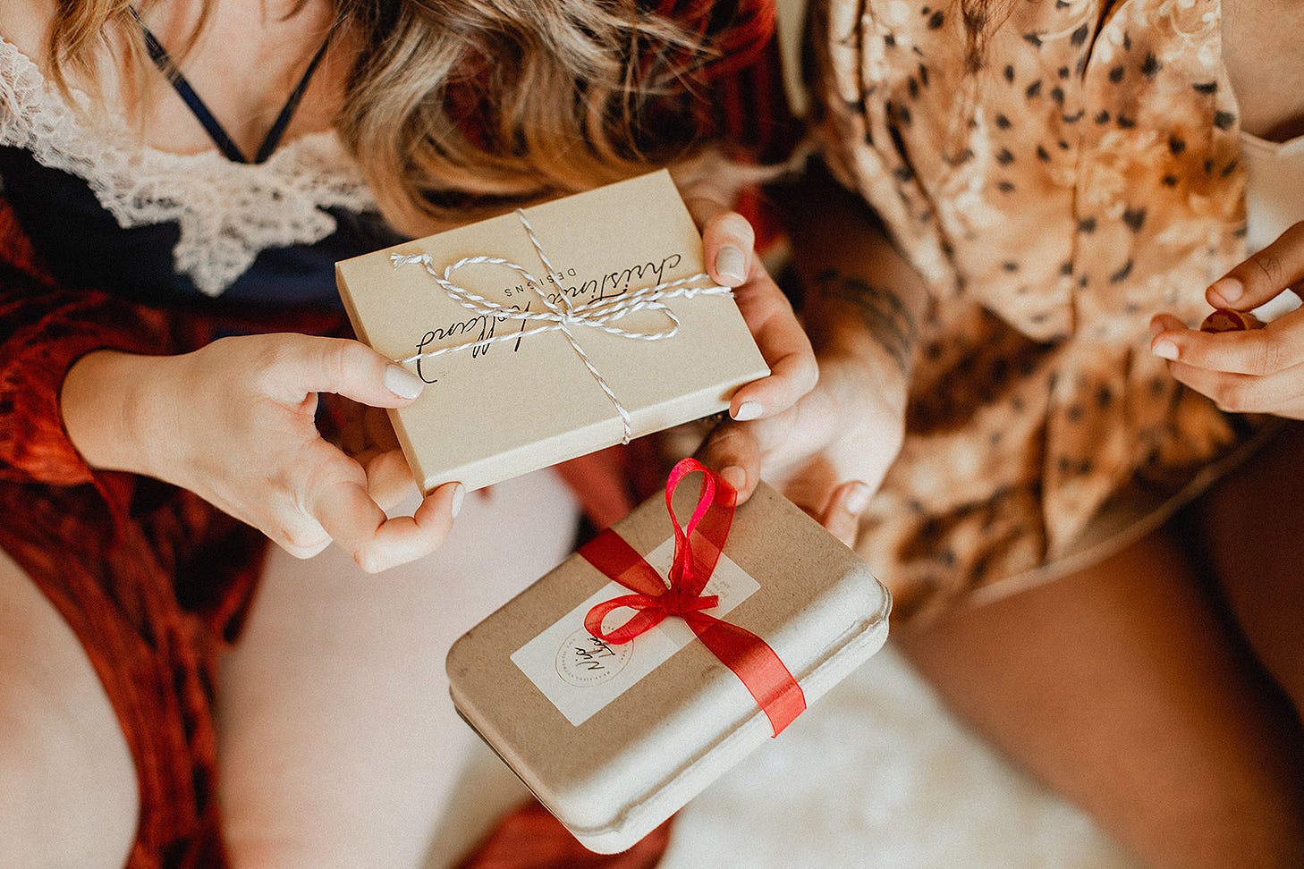 Two friends exchange gifts.